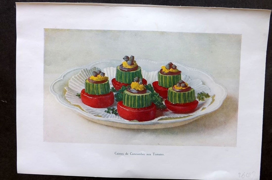 Fairclough 1951 Food Print. Caisses de Concombre aux Tomates: Antique Offset Lithograph Published 1951, London for "The Ideal Cookery Book" M. A. Fairclough. Paper Size: 10 x 7 inch (25 x 18cm) Good Condition
