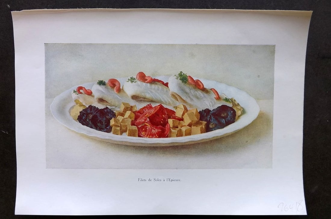 Fairclough 1951 Food Print. Filets de Soles a l'Epicure: Antique Offset Lithograph Published 1951, London for "The Ideal Cookery Book" M. A. Fairclough. Paper Size: 10 x 7 inch (25 x 18cm) Good Condition