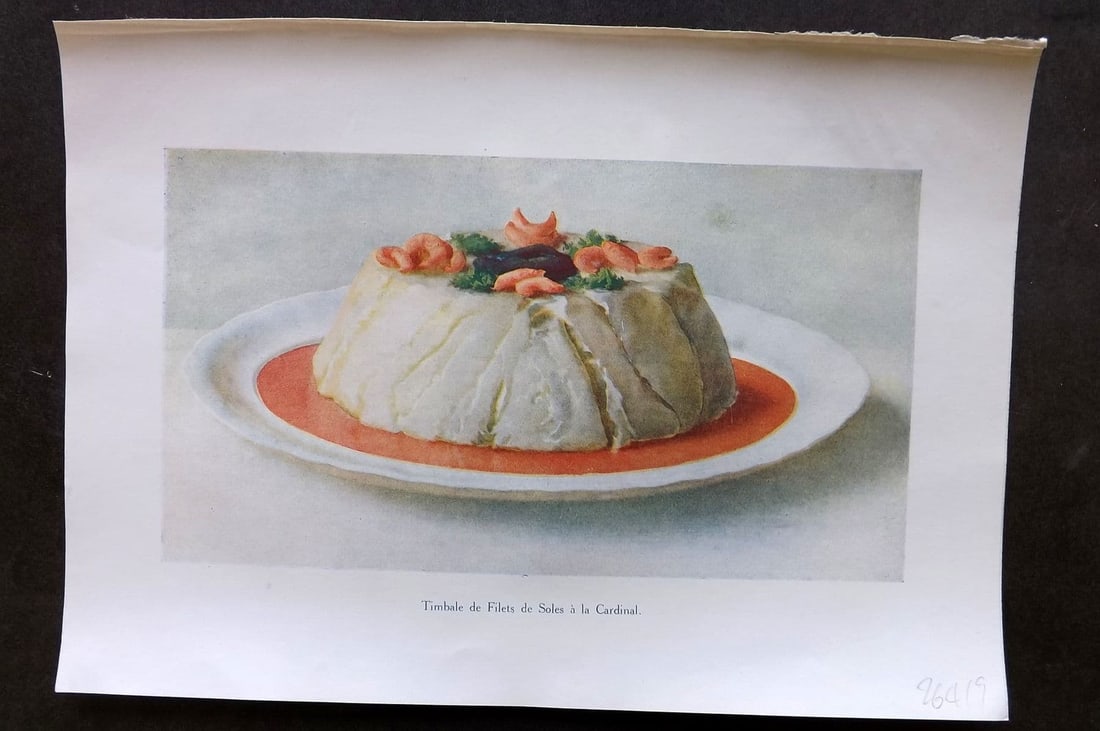 Fairclough 1951 Food Print. Timbale de Filets de Soles a la Cardinal: Antique Offset Lithograph Published 1951, London for "The Ideal Cookery Book" M. A. Fairclough. Paper Size: 10 x 7 inch (25 x 18cm) Good Condition