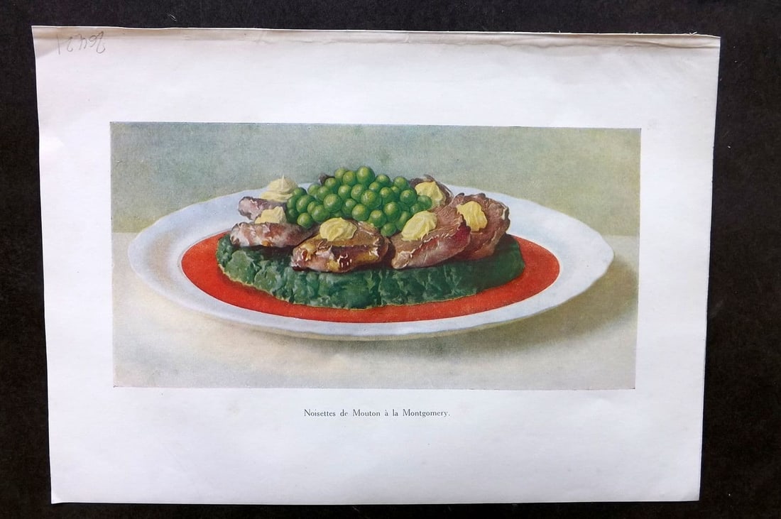 Fairclough 1951 Food Print. Noisettes de Mouton a la Montgomery: Antique Offset Lithograph Published 1951, London for "The Ideal Cookery Book" M. A. Fairclough. Paper Size: 10 x 7 inch (25 x 18cm) Good Condition