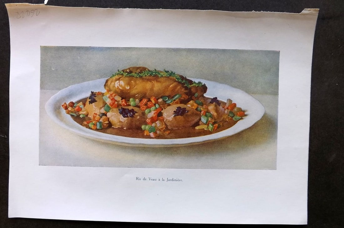 Fairclough 1951 Food Print. Ris de Veau a la Jardiniere: Antique Offset Lithograph Published 1951, London for "The Ideal Cookery Book" M. A. Fairclough. Paper Size: 10 x 7 inch (25 x 18cm) Good Condition