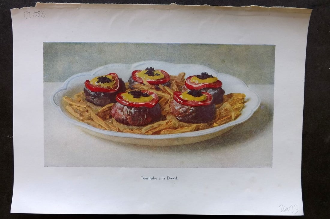Fairclough 1951 Food Print. Bordure de Creme de Boeuf aux Prunes: Antique Offset Lithograph Published 1951, London for "The Ideal Cookery Book" M. A. Fairclough. Paper Size: 10 x 7 inch (25 x 18cm) Good Condition