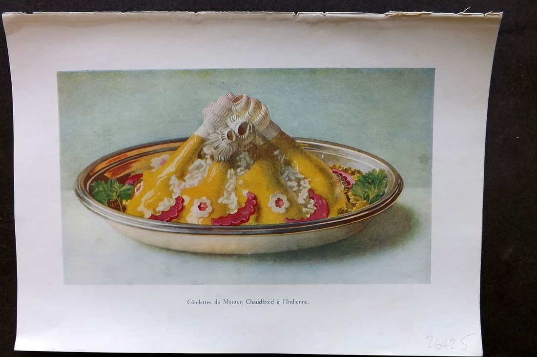 Fairclough 1951 Food Print. Cotelettes de Mouton Chaudfroid a l'Indienne: Antique Offset Lithograph Published 1951, London for "The Ideal Cookery Book" M. A. Fairclough. Paper Size: 10 x 7 inch (25 x 18cm) Good Condition