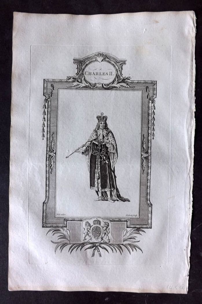 Russell 1779 Folio Portrait Print. Charles II: Antique Copper Plate Published 1779, London for "A New and Authentic History of England" [Russell's History of England] by William Augustus Russell. Paper Size: 15 x 9 inch (38 x 23cm). Good Condition