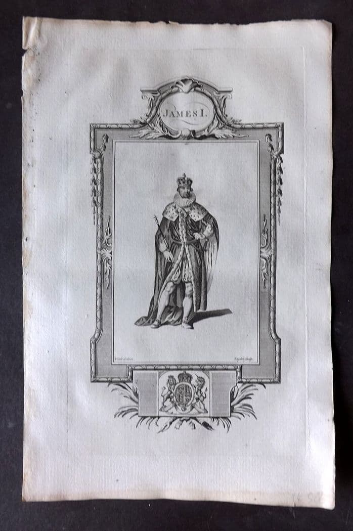 Russell 1779 Folio Portrait Print. James I: Antique Copper Plate Published 1779, London for "A New and Authentic History of England" [Russell's History of England] by William Augustus Russell. Paper Size: 15 x 9 inch (38 x 23cm). Good Condition