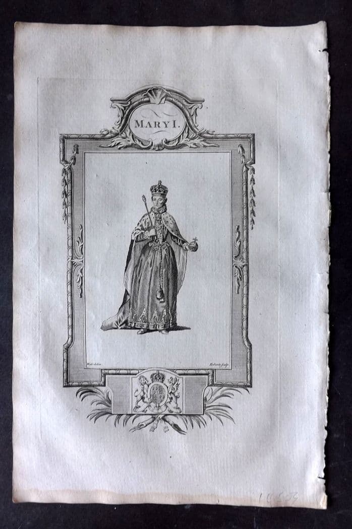 Russell 1779 Folio Portrait Print. Mary I: Antique Copper Plate Published 1779, London for "A New and Authentic History of England" [Russell's History of England] by William Augustus Russell. Paper Size: 15 x 9 inch (38 x 23cm). Good Condition