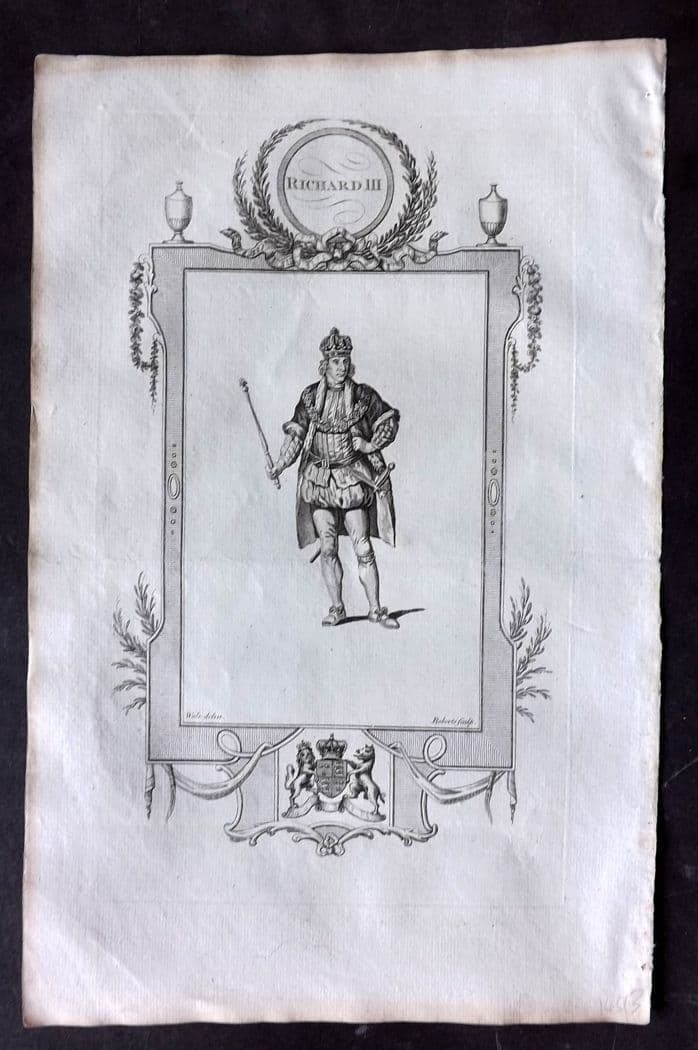 Russell 1779 Folio Portrait Print. Richard III: Antique Copper Plate Published 1779, London for "A New and Authentic History of England" [Russell's History of England] by William Augustus Russell. Paper Size: 15 x 9 inch (38 x 23cm). Good Condition