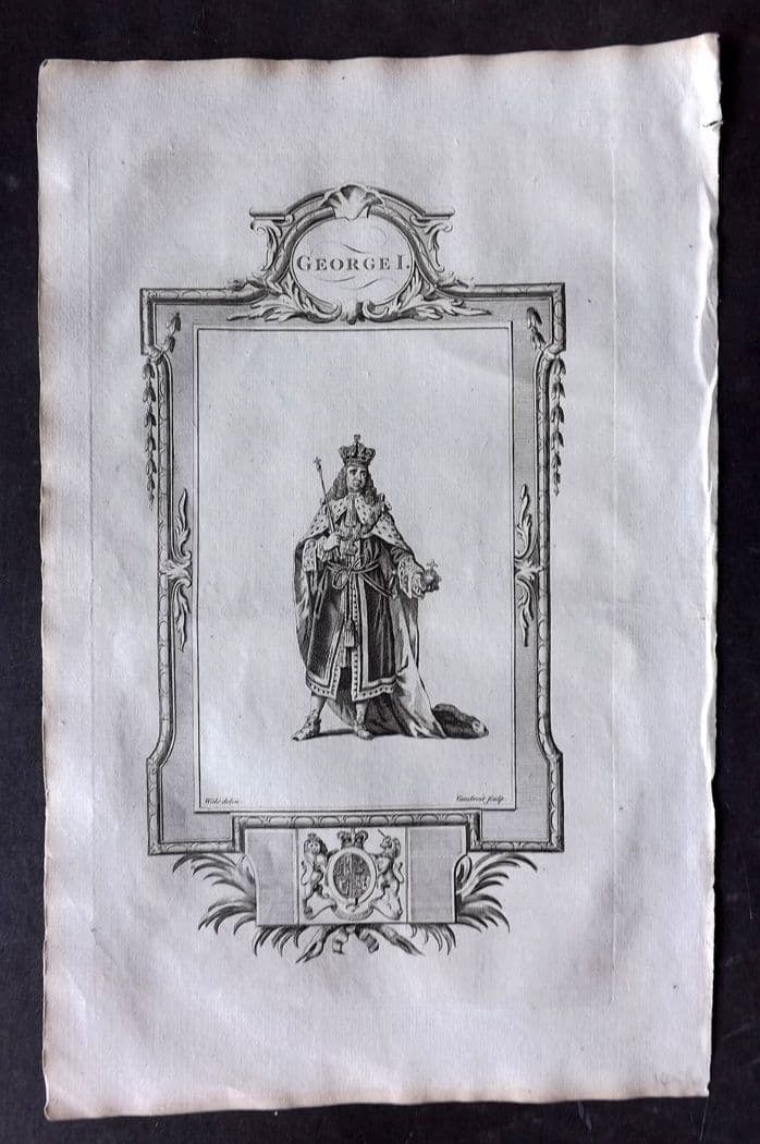 Russell 1779 Folio Portrait Print. George I: Antique Copper Plate Published 1779, London for "A New and Authentic History of England" [Russell's History of England] by William Augustus Russell. Paper Size: 15 x 9 inch (38 x 23cm). Good Condition