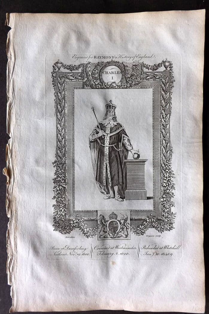 Raymond 1787 Folio Portrait Print. Charles I: Antique Folio Copper Plate Published 1787, London for "A New, Universal and Impartial History of England" also titled "Raymond's History of England" by George Frederick Raymond. Paper Size: 14 x 9 inc