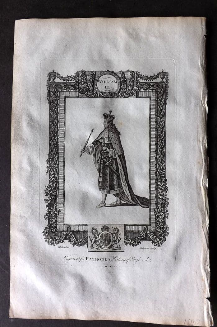Raymond 1787 Folio Portrait Print. William III: Antique Folio Copper Plate Published 1787, London for "A New, Universal and Impartial History of England" also titled "Raymond's History of England" by George Frederick Raymond. Paper Size: 14 x 9 inc