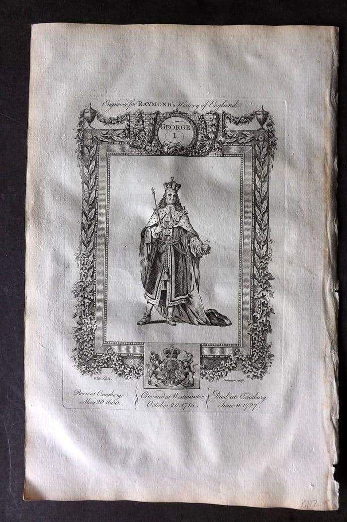 Raymond 1787 Folio Portrait Print. George I: Antique Folio Copper Plate Published 1787, London for "A New, Universal and Impartial History of England" also titled "Raymond's History of England" by George Frederick Raymond. Paper Size: 14 x 9 inc