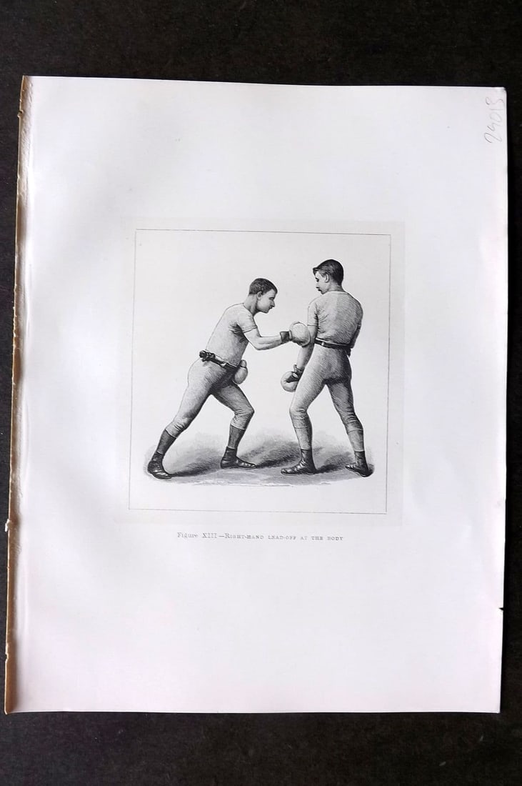 Badminton Library 1889 Boxing Print. Right Hand Lead-Off at the Body: Antique Lithograph Published 1889, London for "The Badminton Library of Sports and Pastimes. " by Walter H. Pollock, E. B. Michell, and Walter Armstrong. Rare Large Paper Edition - One of only 250 Pri