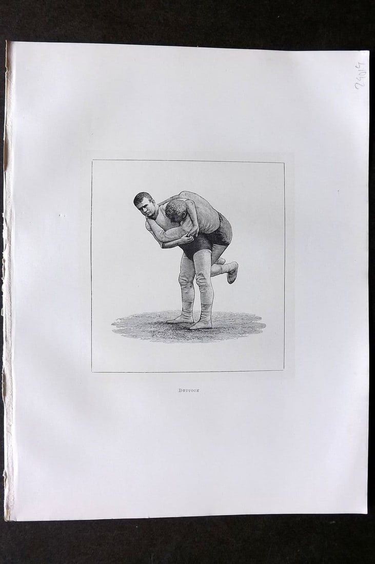 Badminton Library 1889 Wrestling Print. Buttock: Antique Lithograph Published 1889, London for "The Badminton Library of Sports and Pastimes. " by Walter H. Pollock, E. B. Michell, and Walter Armstrong. Rare Large Paper Edition - One of only 250 Pri