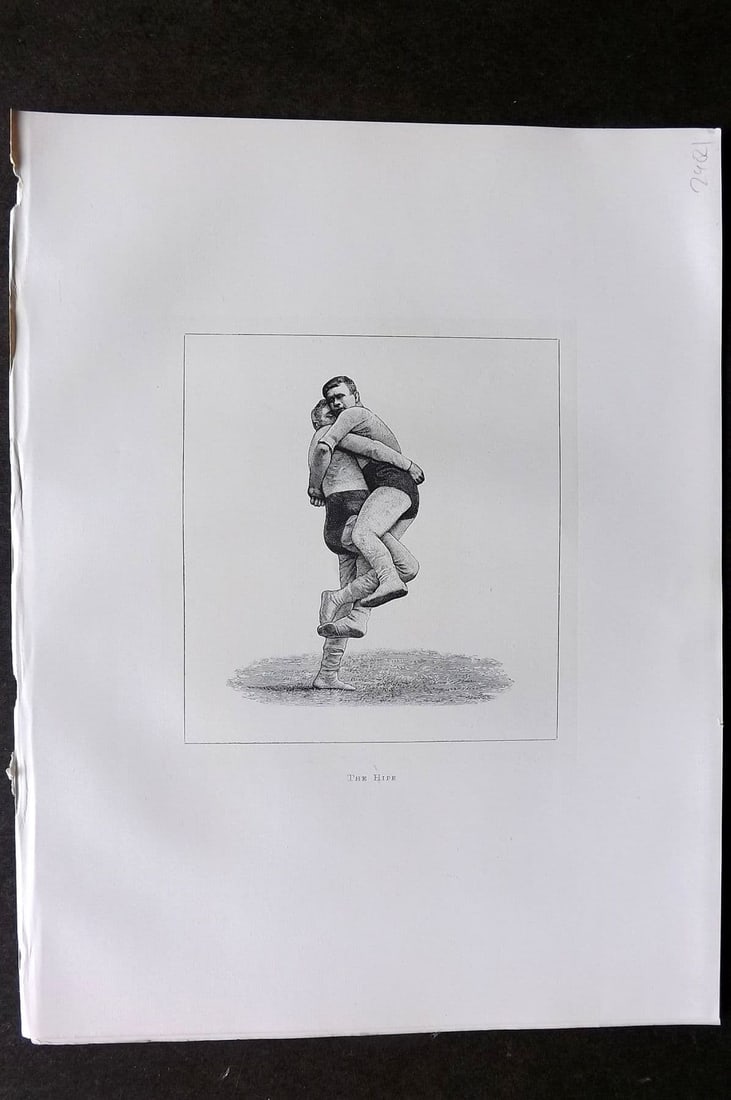 Badminton Library 1889 Wrestling Print. The Hipe: Antique Lithograph Published 1889, London for "The Badminton Library of Sports and Pastimes. " by Walter H. Pollock, E. B. Michell, and Walter Armstrong. Rare Large Paper Edition - One of only 250 Pri