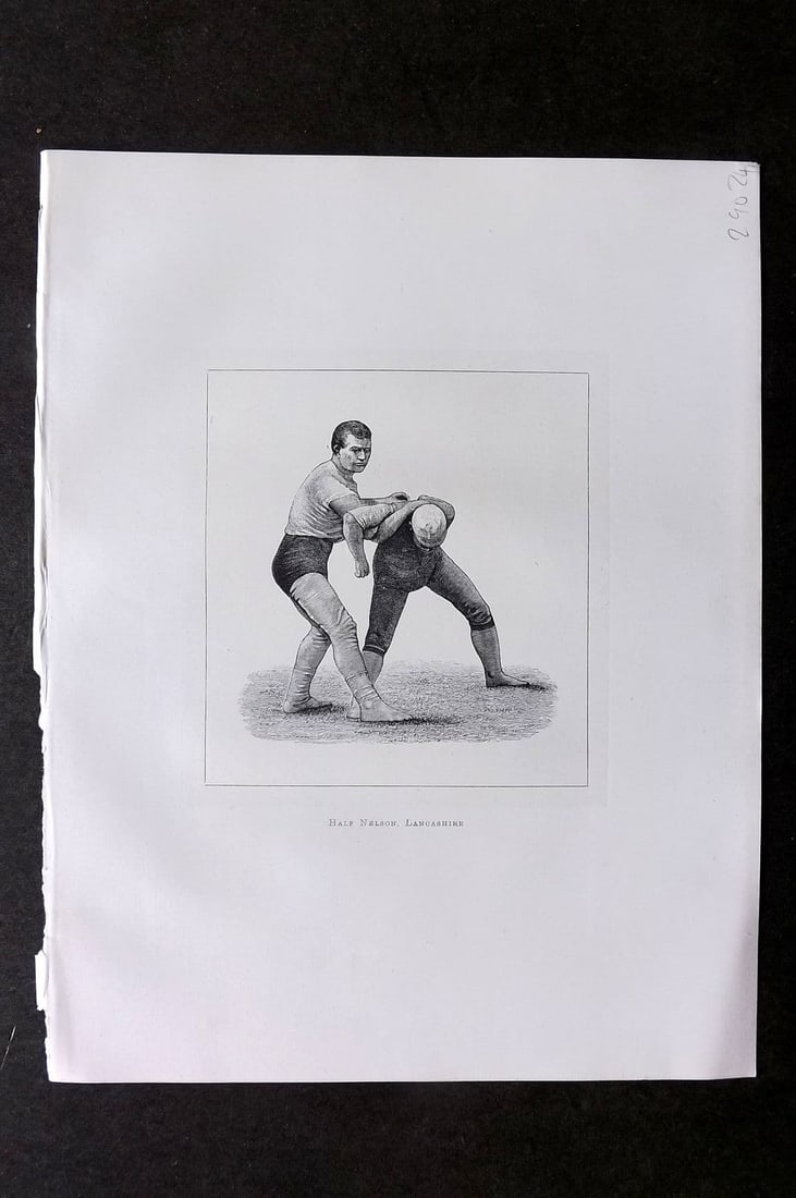 Badminton Library 1889 Wrestling Print. Half Nelson, Lancashire: Antique Lithograph Published 1889, London for "The Badminton Library of Sports and Pastimes. " by Walter H. Pollock, E. B. Michell, and Walter Armstrong. Rare Large Paper Edition - One of only 250 Pri