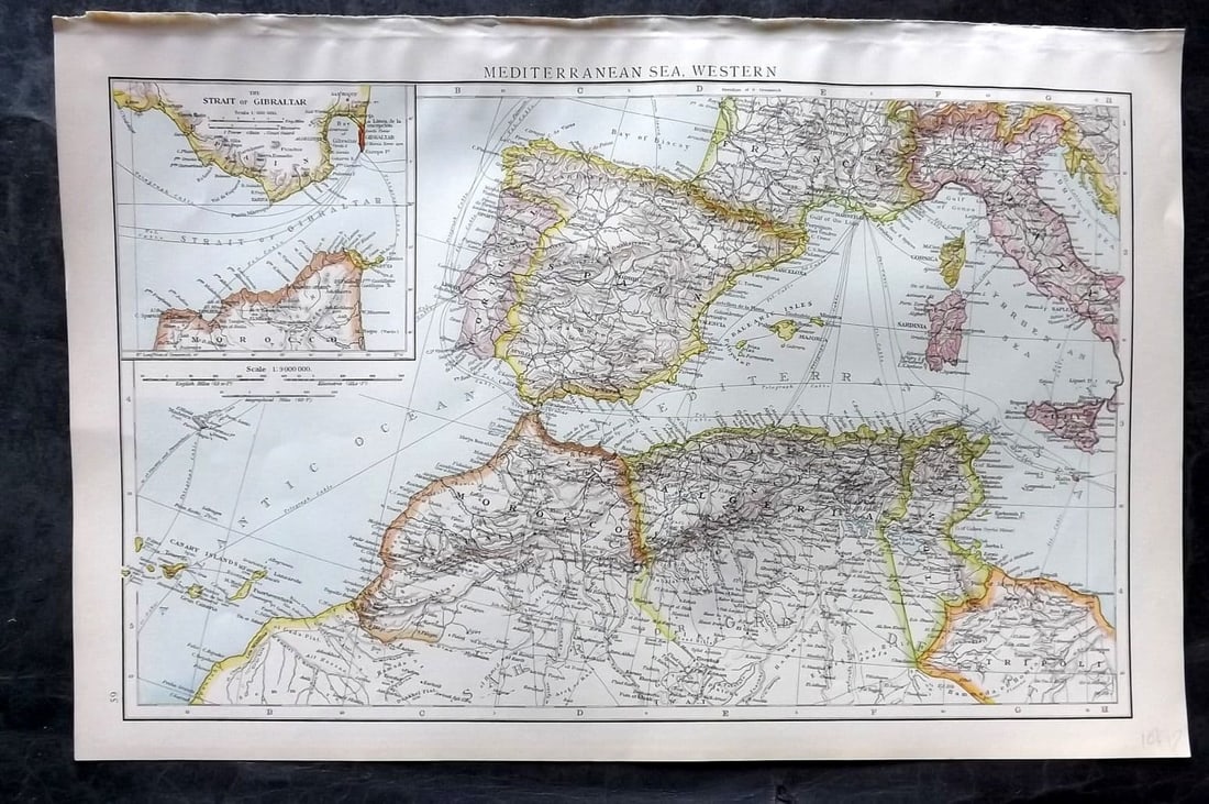 Times Atlas 1895 Antique Map. Mediterranean Sea, Western: Antique Lithograph Map Published 1895, London for "The Times Atlas" Paper Size: 15.5 x 10.5 inch (39 x 27cm) Good Condition