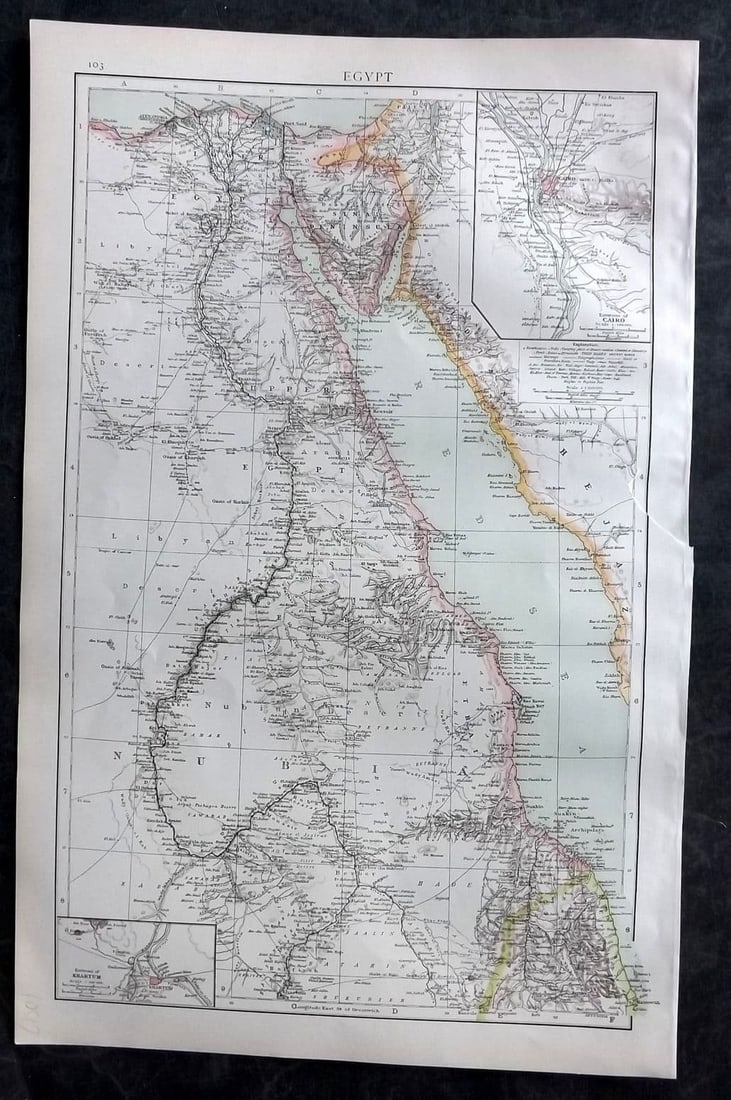 Times Atlas 1895 Antique Map. Egypt: Antique Lithograph Map Published 1895, London for "The Times Atlas" Paper Size: 15.5 x 10.5 inch (39 x 27cm) Margin tear present extending slightly into image.