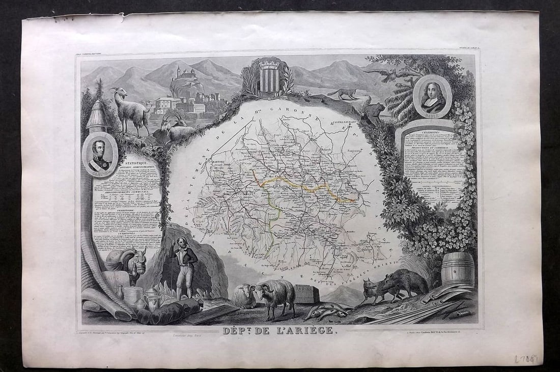 Levasseur, Victor 1852 Antique Map. Dept De L'Ariege, France: Antique Steel Engraved Map Published 1852, Paris for "Atlas National Illustre" by Victor Levasseur. Paper Size: 21 x 14 inch (53 x 35cm). Good Condition.