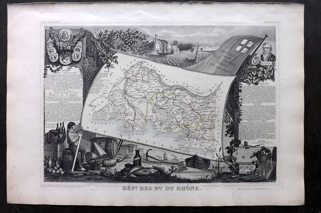 Levasseur, Victor 1852 Antique Map. Dept des Bes du Rhone, France: Antique Steel Engraved Map Published 1852, Paris for "Atlas National Illustre" by Victor Levasseur. Paper Size: 21 x 14 inch (53 x 35cm). Good Condition.