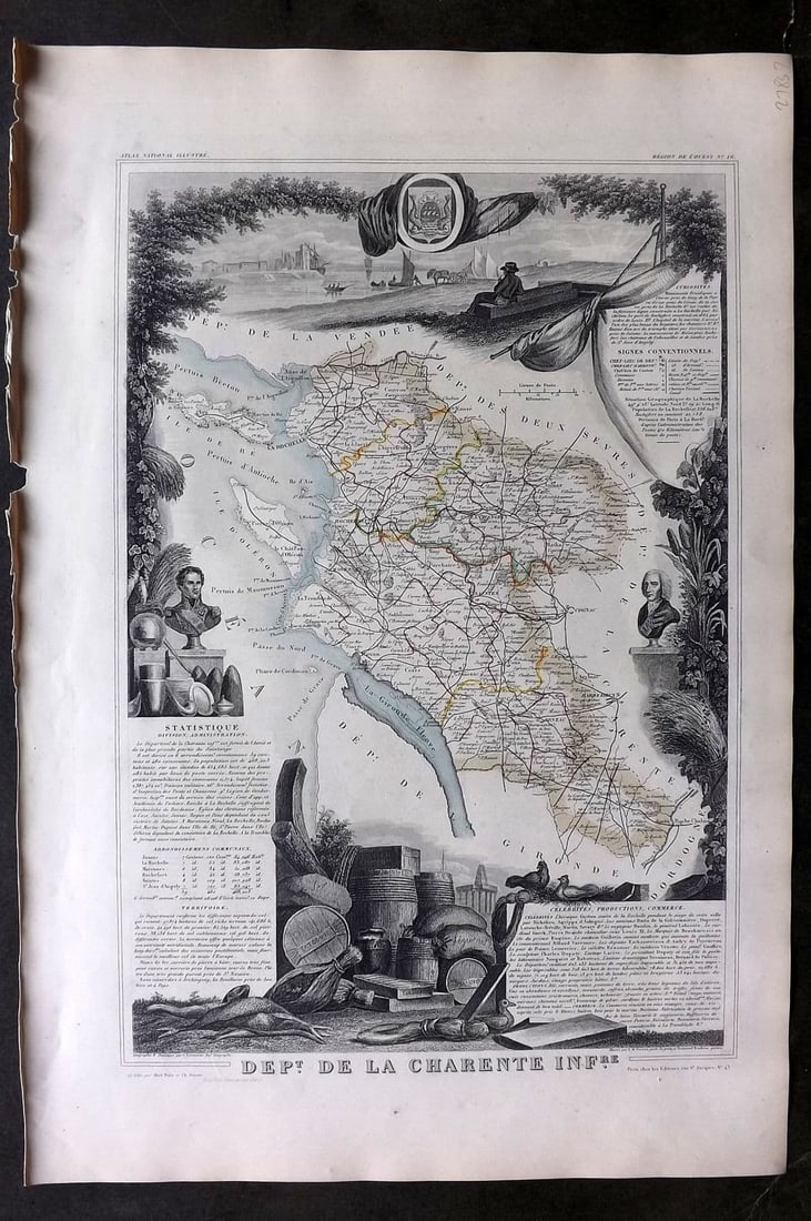 Levasseur, Victor 1852 Antique Map. Dept De La Charente Infre: Antique Steel Engraved Map Published 1852, Paris for "Atlas National Illustre" by Victor Levasseur. Paper Size: 21 x 14 inch (53 x 35cm). Good Condition.