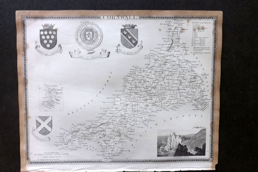 Moule, Thomas C1840 Antique British County Map. Cornwall: Antique Steel Engraved Map Published C1840, London for "A Complete and Universal English Dictionary" by the Rev. James Barclay et al. Maps by Thomas Moule. Paper Size: 10.5 x 8 inch (28 x 21cm). Some 