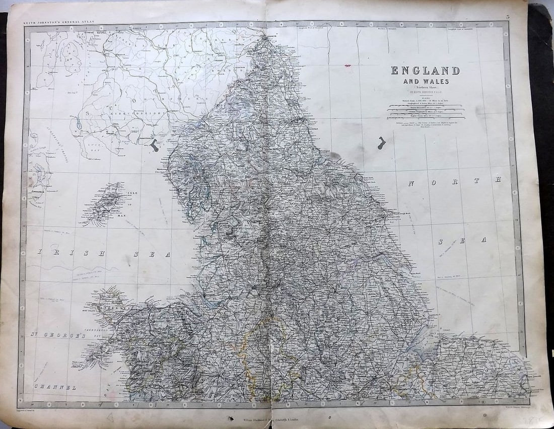 Johnston, Alexander 1861 Large Antique Map. England and Wales. Northern Sheet (1 of 1)