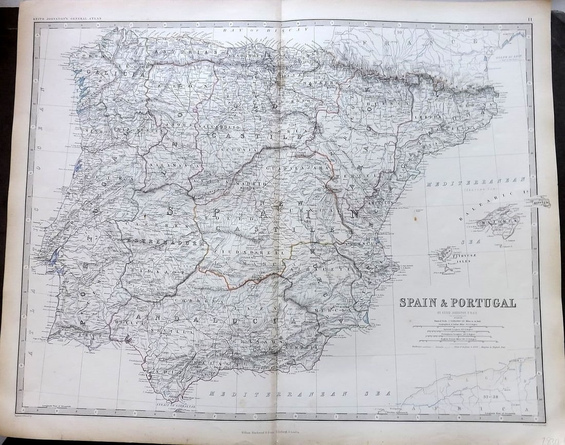 Johnston, Alexander 1861 Large Antique Map. Spain & Portugal: Antique Large Folio Steel Engraved Map Published 1861, Edinburgh & London for "The Royal Atlas of Modern Geography" by Alexander Keith Johnston. Centre Fold as published.Paper Size: 24 x 19.5 inch (61