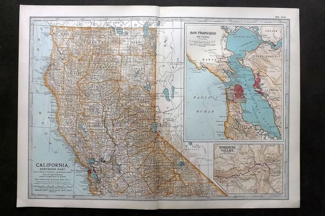 Black (Pub) 1903 Antique Map. California, Northern Part. San Francisco: Antique Lithograph Map Published 1903, by Adam & Charles Black, Edinburgh & London for "The New Volumes of The Encylopaedia Britannica" Centre fold as published. Paper Size: 16 x 11.5 inch (41 x 29cm)