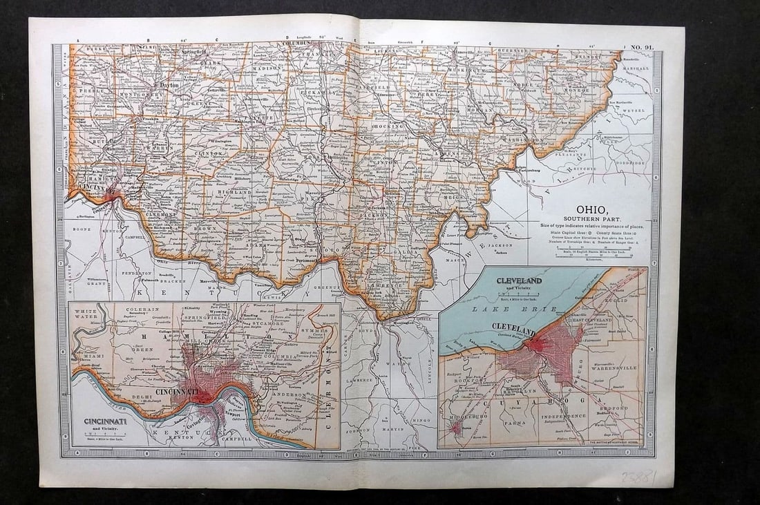 Black (Pub) 1903 Antique Map. Ohio - Southern Part: Antique Lithograph Map Published 1903, by Adam & Charles Black, Edinburgh & London for "The New Volumes of The Encylopaedia Britannica" Centre fold as published. Paper Size: 16 x 11.5 inch (41 x 29cm)