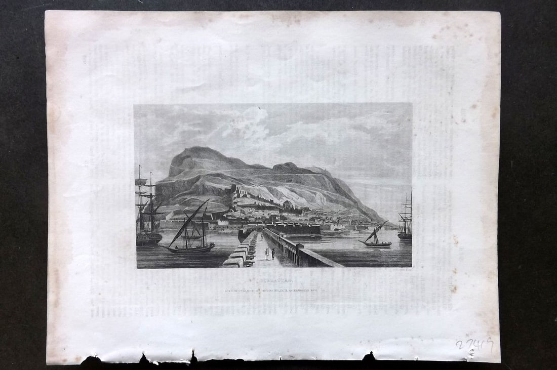 Barclay, James C1835 Antique Print. Gibraltar: Antique Steel Engraving Published C1835 by Thomas Kelly, London for "A New and Universal English Dictionary" by the Rev. James Barclay. Maps by Alexander Findlay. Paper Size: 11 x 8 inch (28 x 21cm). 