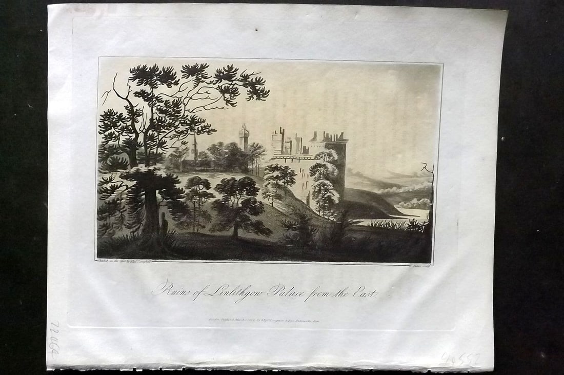 Campbell, Alexander 1811 Antique Print. Ruins of Linlithgow Palace from the East, Scotland: Antique Aquatint Published 1811, London for "A Journey from Edinburgh Through Parts of North Britain" by Alexander Campbell. Paper Size: 10 x 8 inch (26 x 20cm) Minor text offsetting on image. Good Co