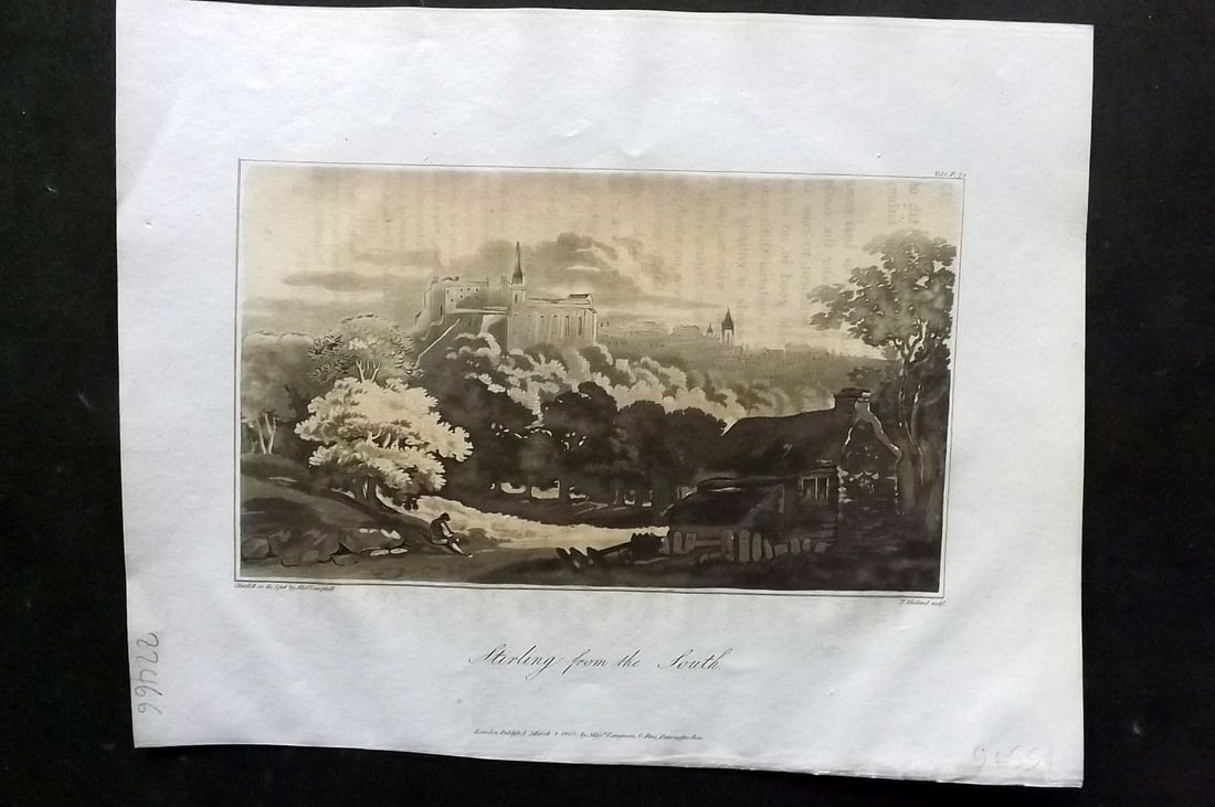 Campbell, Alexander 1811 Antique Print. Stirling from the South, Scotland: Antique Aquatint Published 1811, London for "A Journey from Edinburgh Through Parts of North Britain" by Alexander Campbell. Paper Size: 10 x 8 inch (26 x 20cm) Minor text offsetting on image. Good Co