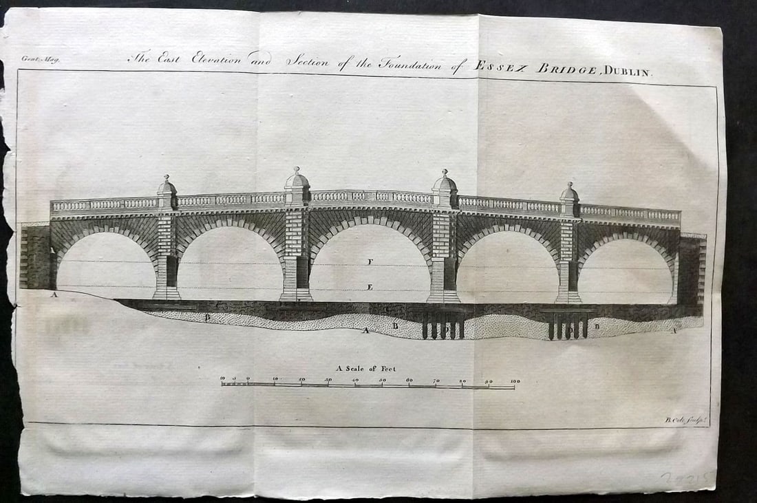 Gentleman's Mag. C1770 Print. East Elevation of Essex Bridge, Dublin: Antique Copper Plate Published London 1731-1833, London for "The Gentleman's Magazine. " by Various Contributors. Folds as issued. Paper Size: 12.5 x 8 inch (32 x 21cm) Approx. Minor toning. Loss to l