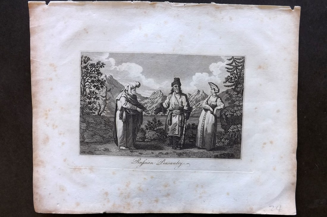 Moore, Henry 1809 Antique Print. Russian Peasantry Russia: Copper Plate Published 1809, London for "A New and Comprehensive System of Universal Geography" by Henry Moore. Paper Size: 10 x 8 inch (26 x 21cm) Some margin toning, image fine Good Condition