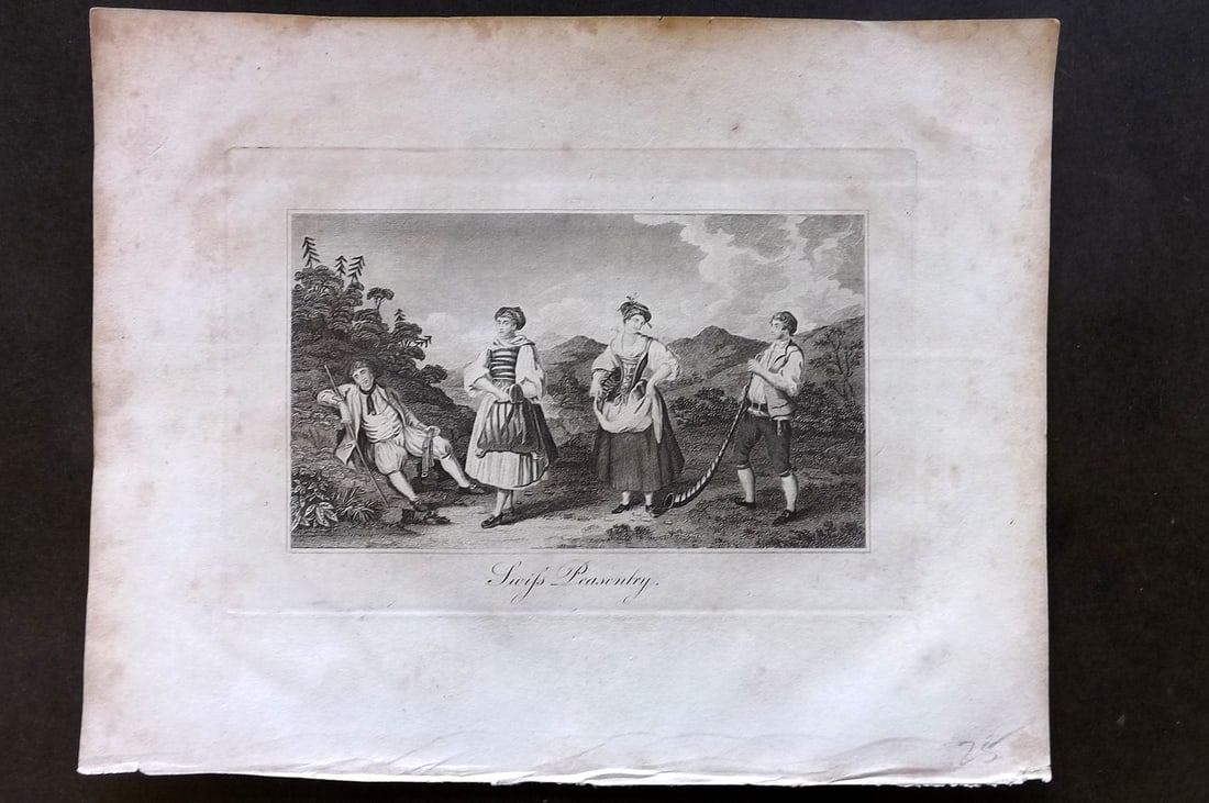 Moore, Henry 1809 Antique Print. Swiss Peasantry Switzerland: Copper Plate Published 1809, London for "A New and Comprehensive System of Universal Geography" by Henry Moore. Paper Size: 10 x 8 inch (26 x 21cm) Some margin toning, image fine Good Condition