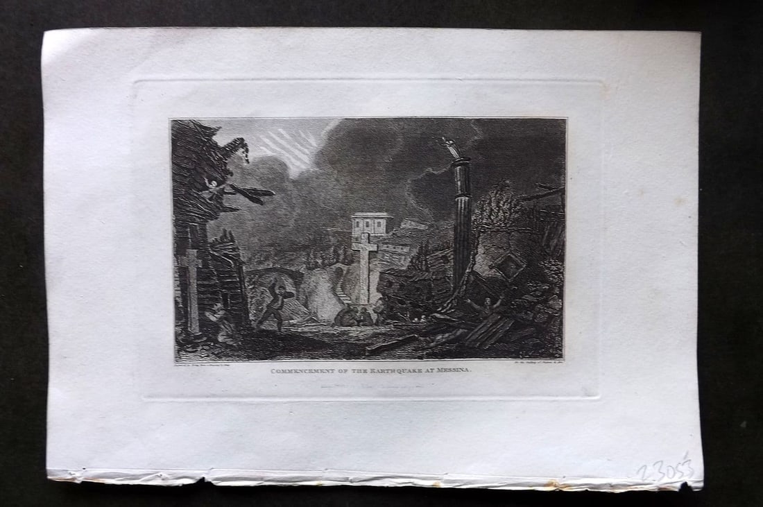 Polehampton, Edward 1823 Antique Print Commencement of the Earthquake at Messina Sicily: Antique Copper Plate Published 1823, London for "The Gallery of Nature and Art: or, A Tour Through Creation and Science" by the Rev. Edward Polehampton & John M. Good. Paper Size: 10 x 7 inch (26 x 18