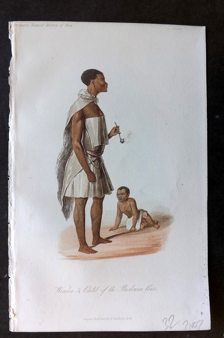Prichard, James 1848 HC Print. Bushwoman & Child brought to England by Capt Wheelor 18: Hand Colored Aquatint Published 1848, London for "The Natural History of Man" by James Cowles Prichard. Fine hand colour as issued. On good quality Whatman Turkey Mill Wove Paper. Paper Size: 8.5 x 5.
