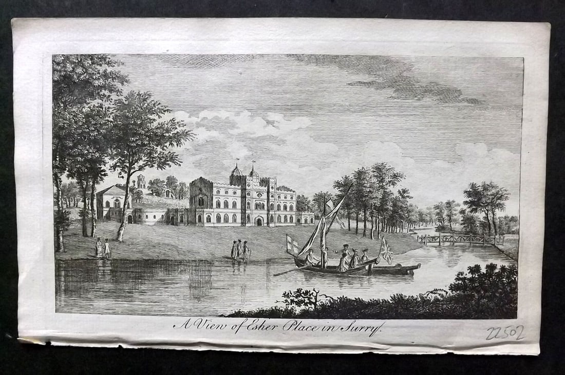 UK 1777 Antique Print. View of Esher Place in Surrey: Antique Copper Published 1776-77, London for "A New Display of the Beauties of England" Paper Size: 8 x 5 inch (21 x 13cm) Good Condition