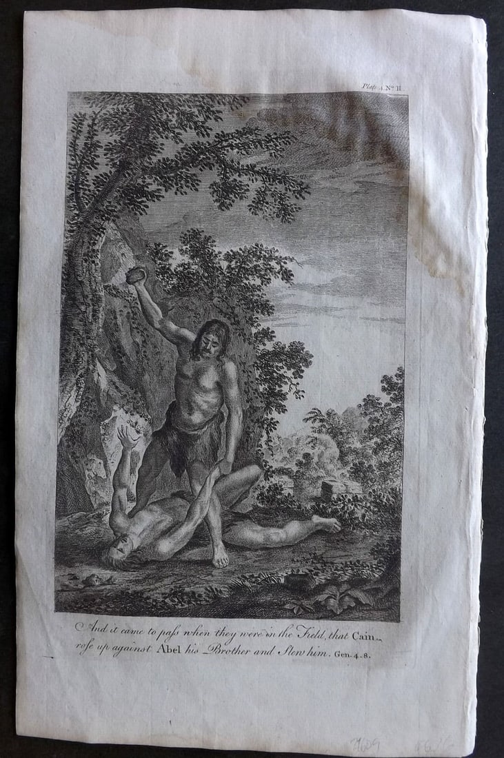 Goadby (Pub) 1770 Folio Religious Print. Cain rose up against Abel: Antique Folio Copper Plate Published 1770 by R. Goadby, London for "An Illustration of the Holy Scriptures..." Paper Size: 15 x 9.5 inch (38 x 24cm) Water stain at top, slightly affecting image.
