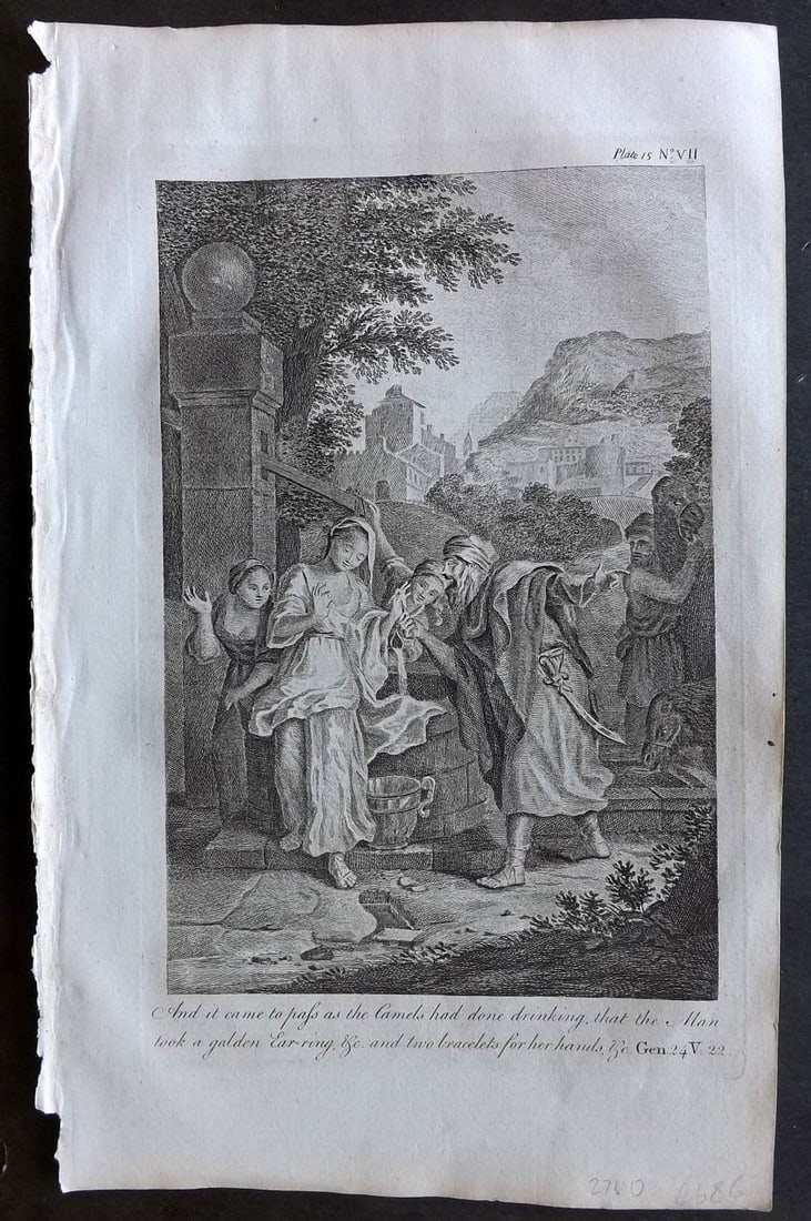 Goadby (Pub) 1770 Print. And it came to pass as the Camels had done drinking: Antique Folio Copper Plate Published 1770 by R. Goadby, London for "An Illustration of the Holy Scriptures..." Paper Size: 15 x 9.5 inch (38 x 24cm) Good Condition