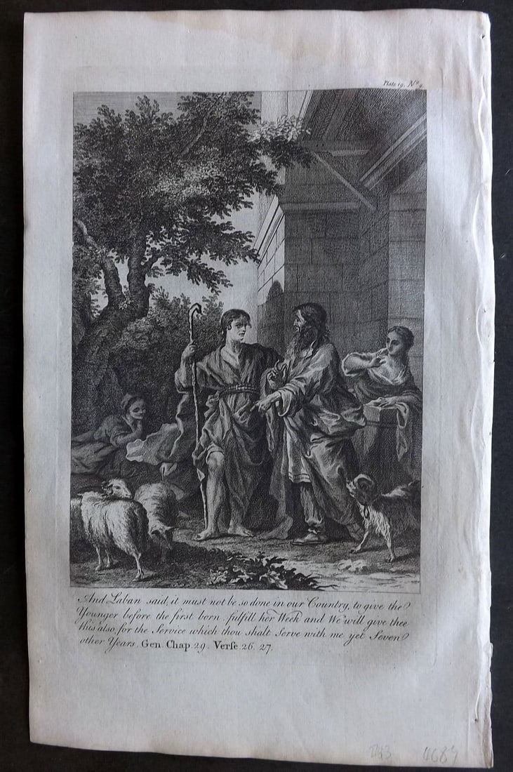 Goadby (Pub) 1770 Print. And Laban said it must not be so done in our Country: Antique Folio Copper Plate Published 1770 by R. Goadby, London for "An Illustration of the Holy Scriptures..." Paper Size: 15 x 9.5 inch (38 x 24cm) Very minor water stain in top margin. Good Conditio