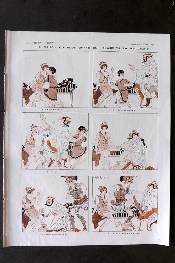 La Via Parisienne 1917 Art Deco Print. Le Raison du Plus Brave by Kuhn-Regnier: Lithograph Published 1917, Paris for "La Vie Parisienne" Illustrated by Lissac, Barbier, Vallet, Valee, Prejelan, Herouard, Fournier, Kuhn-Regnier, Georges Léonnec and others. Verso text, but none sh
