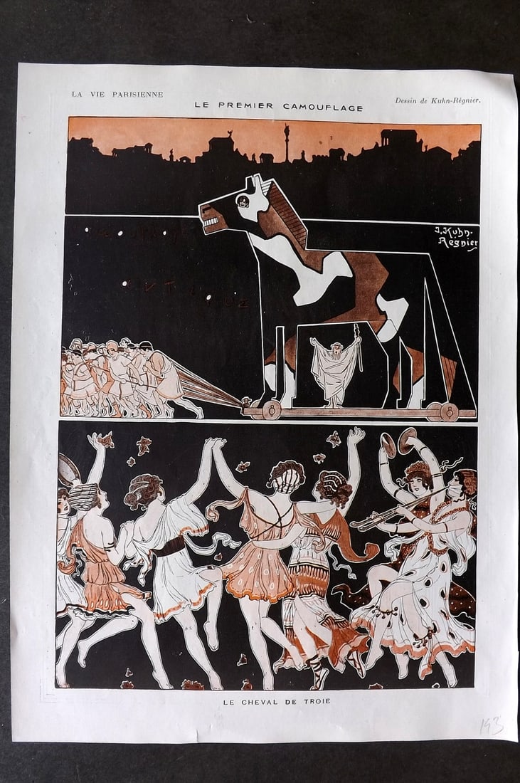 La Via Parisienne 1917 Art Deco Print. Le Premier Camouflage by Kuhn-Regnier: Lithograph Published 1917, Paris for "La Vie Parisienne" Illustrated by Lissac, Barbier, Vallet, Valee, Prejelan, Herouard, Fournier, Kuhn-Regnier, Georges Léonnec and others. Verso text, but none sh