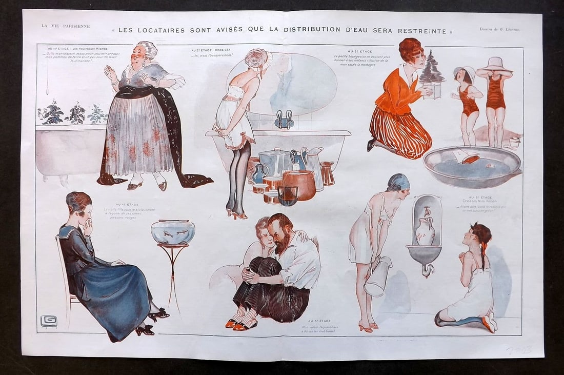 La Via Parisienne 1917 Art Deco Double Print. Les Locataires by Leonnec: Vintage Lithograph Published 1863-1970 Paris for "La Vie Parisienne" Illustrated by Georges Barbier, Chéri Hérouard, Georges Léonnec and others. French Text to verso. Centre fold as published. Pape