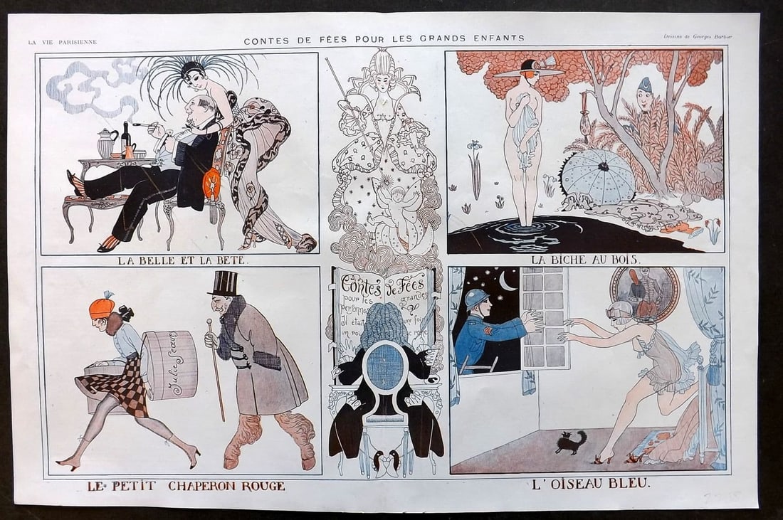 La Via Parisienne 1917 Art Deco Double Print. Contes de Fees by George Barbier: Vintage Lithograph Published 1863-1970 Paris for "La Vie Parisienne" Illustrated by Georges Barbier, Chéri Hérouard, Georges Léonnec and others. French Text to verso. Centre fold as published. Pape