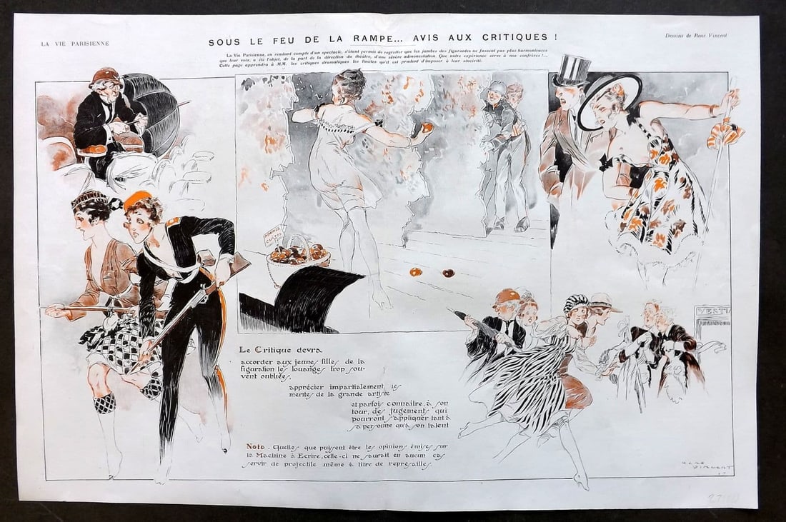 La Via Parisienne 1917 Art Deco Double Print Sous le Feu de la Rampe by Vincent: Vintage Lithograph Published 1863-1970 Paris for "La Vie Parisienne" Illustrated by Georges Barbier, Chéri Hérouard, Georges Léonnec and others. French Text to verso. Centre fold as published. Pape