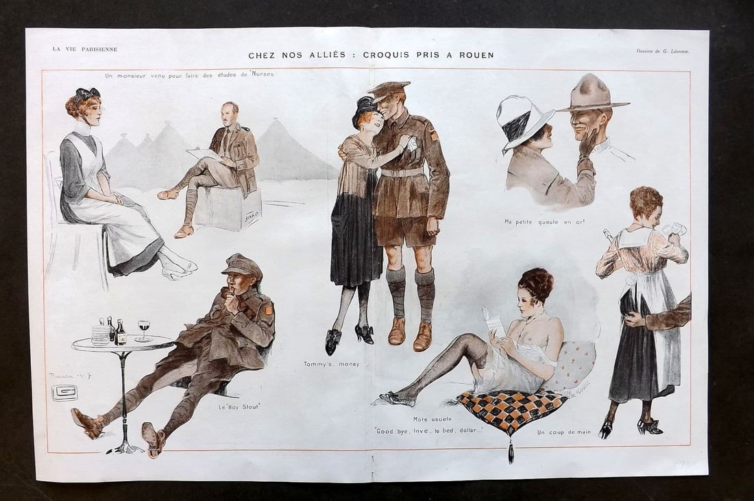 La Via Parisienne 1917 Art Deco Double Print. Chez nos Allies by Leonnec: Vintage Lithograph Published 1863-1970 Paris for "La Vie Parisienne" Illustrated by Georges Barbier, Chéri Hérouard, Georges Léonnec and others. French Text to verso. Centre fold as published. Pape