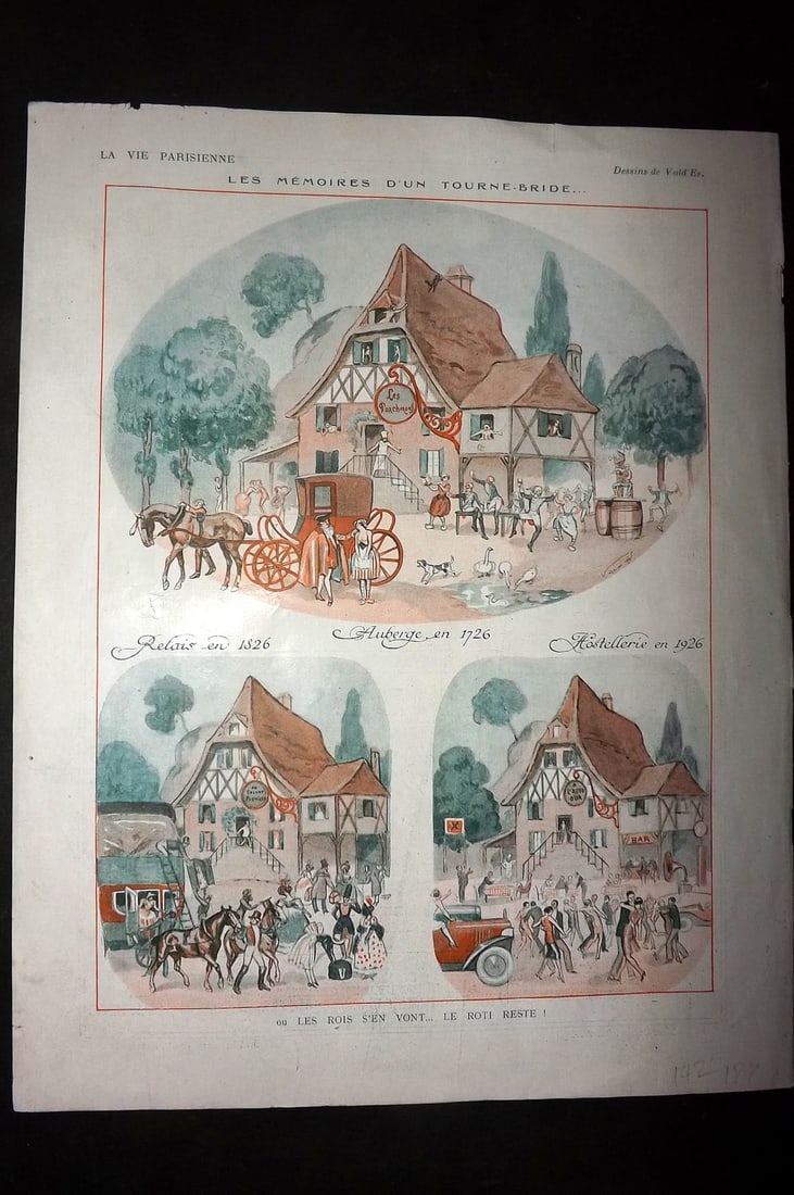 La Vie Parisienne 1926 Art Deco Print. Le Memoires d'un Tourne-Bride by Vald'Es: Lithographs Published 1928, Paris for "La Vie Parisienne" Illustrated by Lissac, Barbier, Vallet, Valee, Prejelan, Herouard, Fournier, Kuhn-Regnier, Georges L?onnec and others. Verso text, but none sh