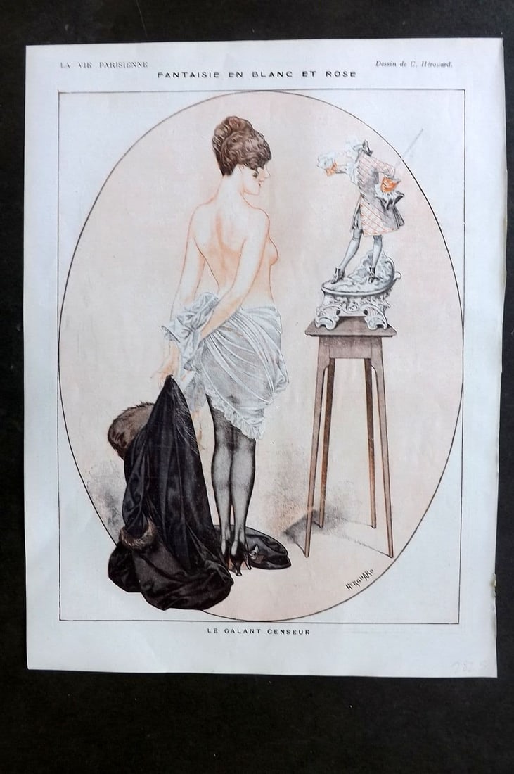 La Vie Parisienne 1917 Art Deco Print. Fantaisie en Blanc et Rose by Herouard: Antique Lithograph Published 1917, Paris for "La Vie Parisienne" Illustrated by Lissac, Barbier, Vallet, Valee, Prejelan, Herouard, Fournier, Kuhn-Regnier, Georges L?onnec and others. Verso text, but 