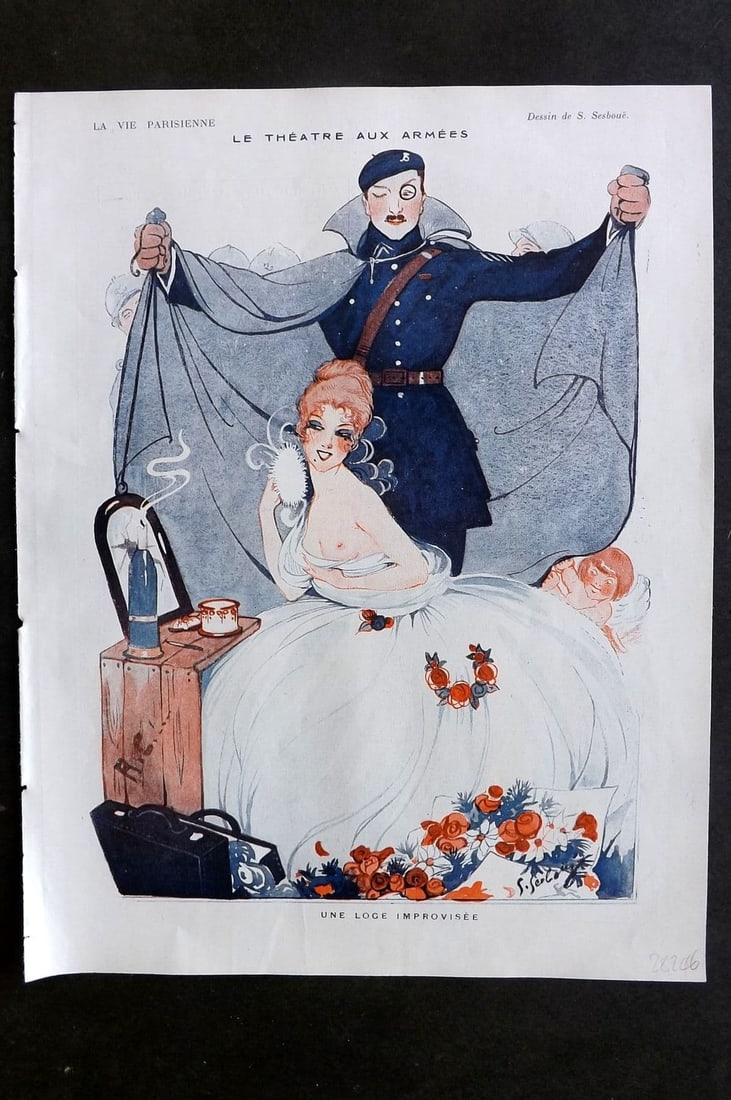 La Vie Parisienne 1917 Art Deco Print. Le Theatre aux Armees by Sesboue: Antique Lithograph Published 1917, Paris for "La Vie Parisienne" Illustrated by Lissac, Barbier, Vallet, Valee, Prejelan, Herouard, Fournier, Kuhn-Regnier, Georges L?onnec and others. Verso text, but 